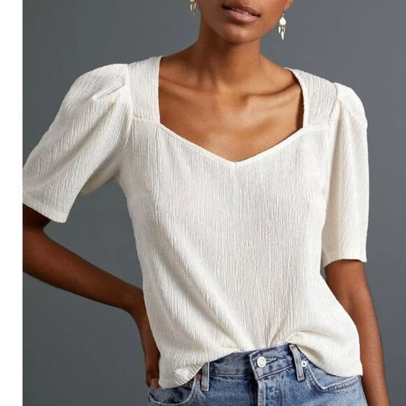 Sundays in Brooklyn Puff-Sleeve Top Womens Medium Ivory Bow-Back V-Neck Anthro - Picture 1 of 9